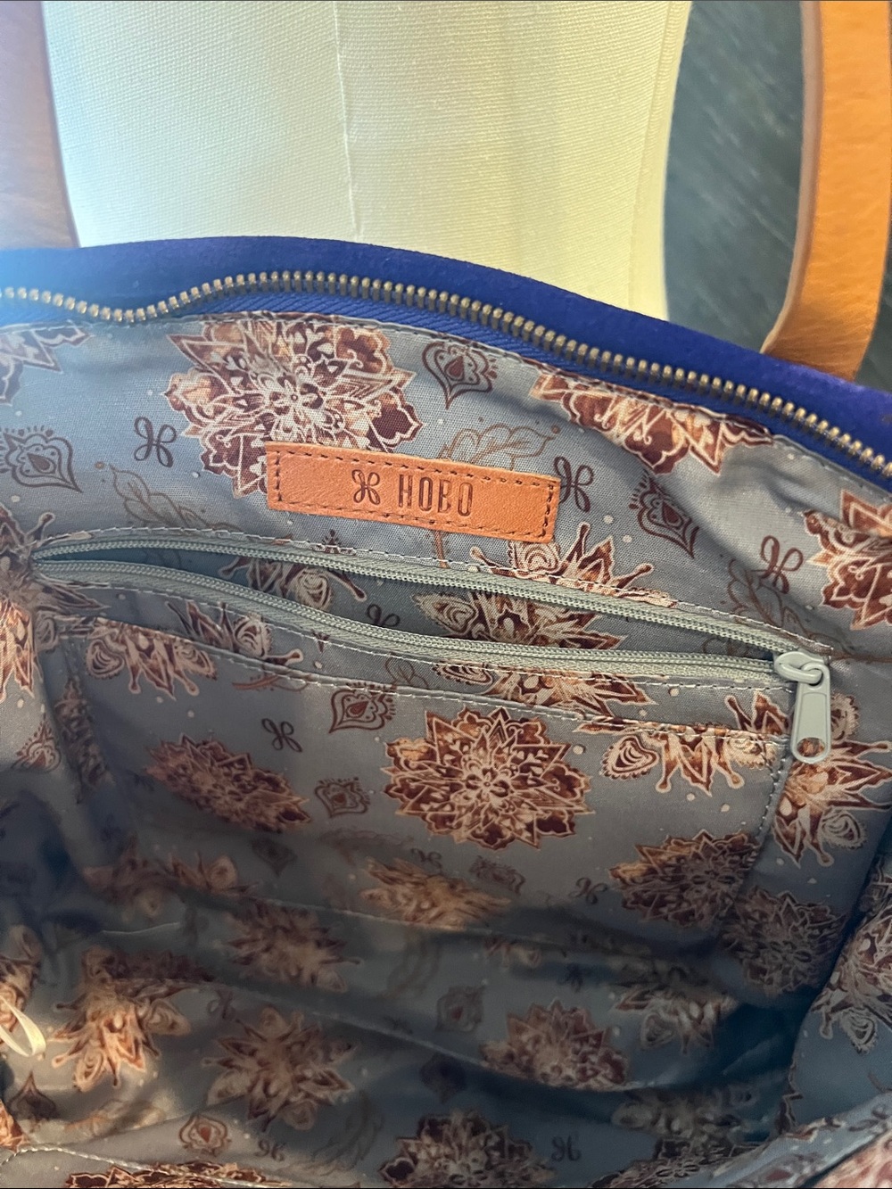 HOBO Cobalt Suede Shoulder Bag with Tan Leather Straps - Picture 2 of 4